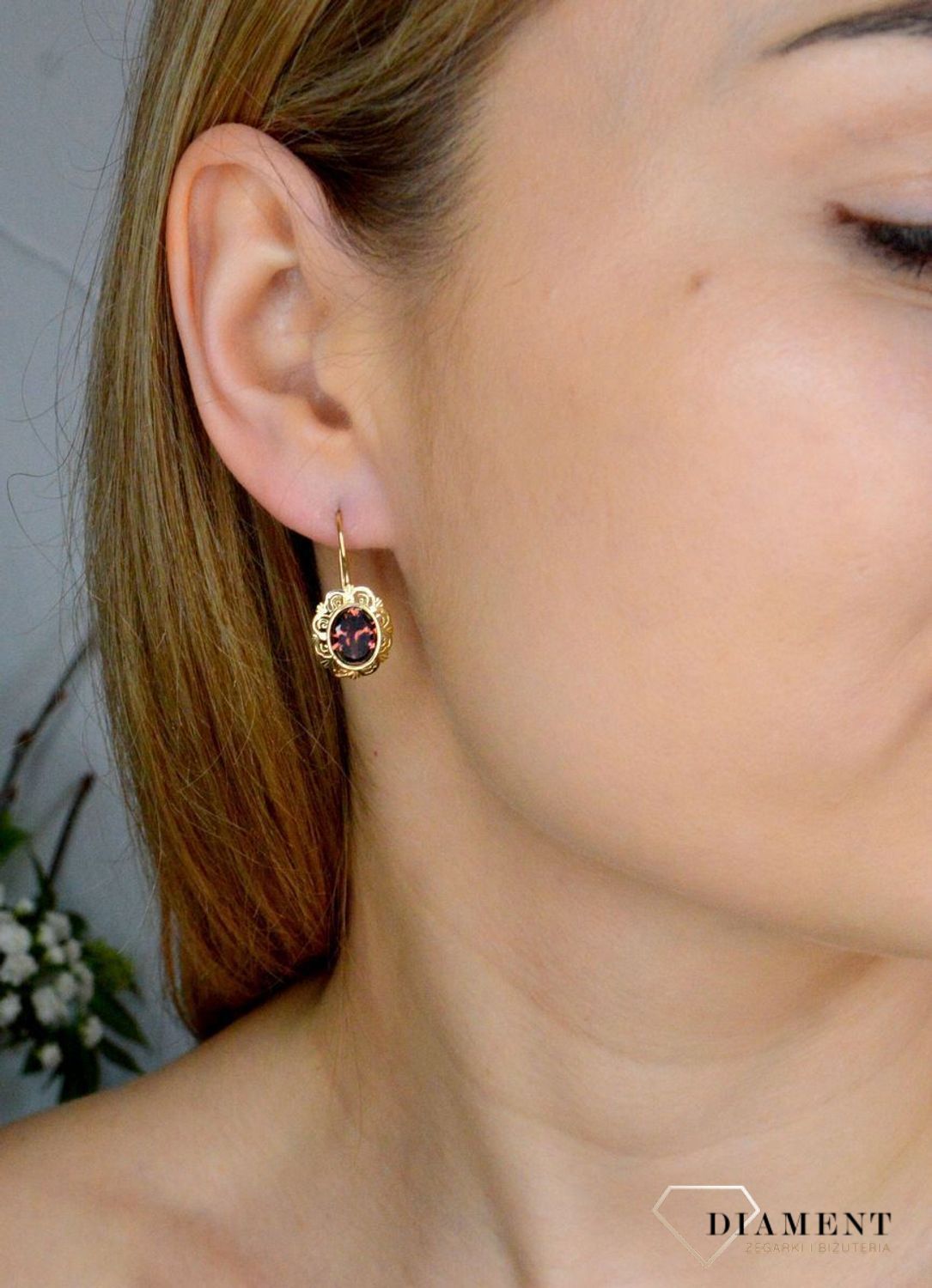 Złote kolczyki damskie 585 owalna klasyka z fioletową cyrkonią KL 8828A.jpg